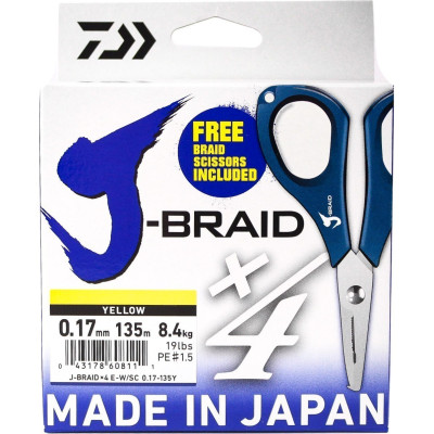 Шнур DAIWA J-Braid X4E-W/SC 0,17мм 135м желтый + ножницы